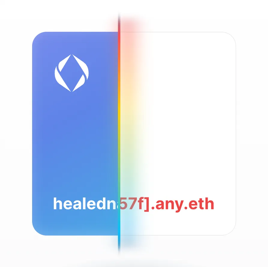 A split view of an ENS name card: on the left, the healed, readable name; on the right, the same name still showing an encoded labelhash